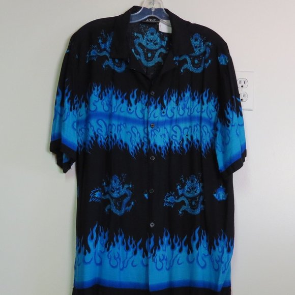 Vintage Shirt Men's Large Black Blue Flames Button Up Short Sleeve Dragon AOP - Picture 1 of 7